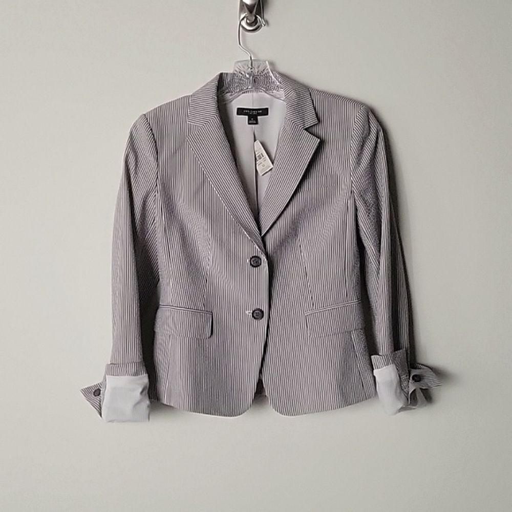 NWT Ann Taylor 0 2 SeerSucker Blue Stripe Jacket Blazer Academia Office Stretchy